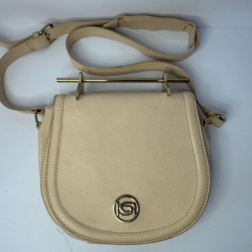 Beige Faux Leather Crossbody Bag Gold Logo Emblem Adjustable Strap